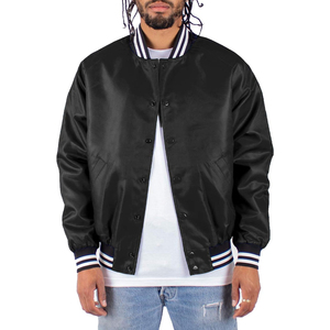 <b>Men's</b> Navy Blue Varsity <b>Jacket</b> With <b>White</b> Striped Collar And Cuffs Regular Fit Casual Style Polyester Material - Product Image 4