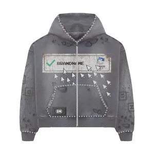 BRANDNAME Men's Oversized Hooded <b>Zipper</b> <b>Sweatshirt</b> Streetwear Print Design Gray Knitted Polyester Autumn Style - Product Image 6