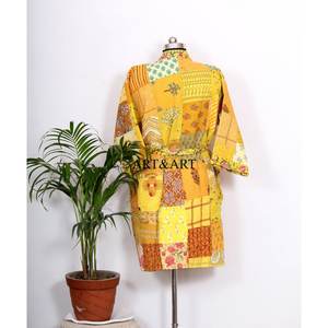 Vintage Silk/Cotton Patchwork Kantha Jacket Robe <b>Kimono</b> Handmade Block Print Summer Breathable Eco-Friendly Bridesmaid - Product Image 6
