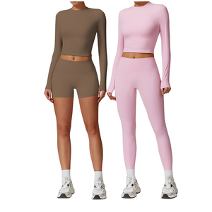 Ensemble de sport pour femme, tenue de sport assortie deux pièces, haut court côtelé sans couture, short et legging taille haute coupe ample couleur unie - Product Image 1