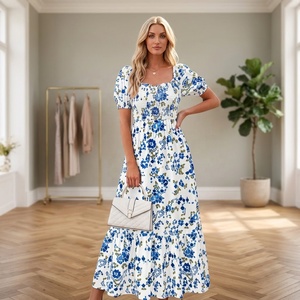 Nouvelle Robe Longue Élégante à Col Carré et Taille Haute, Manches Courtes, Imprimé Floral, pour Femme, Idéale pour Soirées, Tenues Décontractées et Quotidiennes, Personnalisable OEM/ODM - Product Image 6