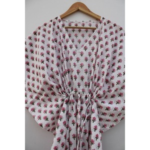 Robe Kaftan Longue en Coton Imprimé Floral pour Femme, Col en V, Cordon de Serrage, Décontractée, Respirante, Robe d'Été Bohème, Cache-Maillot de Plage - Product Image 4