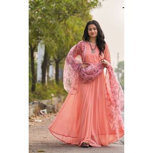 VESTIDO DE FIESTA GEORGETTE VESTIDO LISO CON ESTAMPADO DIGITAL TRABAJO DUPATTA NARANJA - Product Image 1