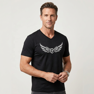 T-shirt à manches courtes pour homme, col en V, noir, avec logo argenté imprimé, style décontracté, coupe classique, jersey en coton - Product Image 5