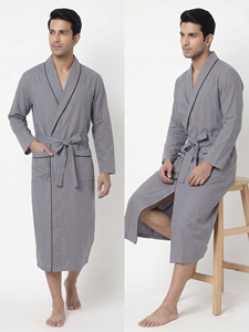Men Gray Long Sleeve Robe With Pockets Casual Sleepwear Gown Bathrobe Soft 100% Cotton Nightwear Robe Gown Mens - Product Image 5