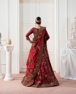 SADIA AUN HUTE COUTURE Lehenga Choli Rojo de Seda Satinada Bordado, Largo a la Cintura, Traje Tradicional Indio Pakistaní para Bodas - Product Image 4