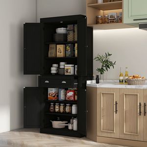 "Modern Freestanding <b>Kitchen</b> <b>Pantry</b> Cabinet 72" Black Aluminum & Solid Wood Glass Door MDF Wood Style" - Product Image 2