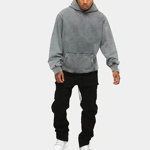 Pull à capuche tricoté non doublé en molleton 300g 100% coton délavé à l'acide style vintage pour homme, coupe régulière, respirant, pour l'hiver et les tenues décontractées - Product Image 1