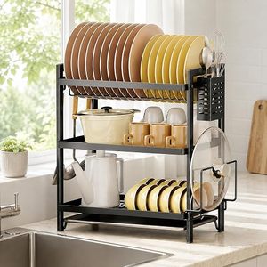 Double Tier Metal Dish Rack With <b>Utensil</b> <b>Holder</b> For <b>Kitchen</b> Storage Modern Design Standing Type Multifunctional - Product Image 2