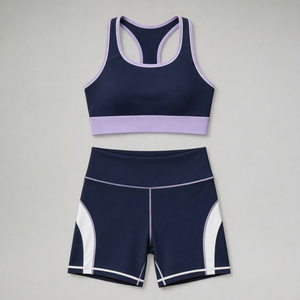 Ensemble 2 pièces de sport pour femme : Soutien-gorge dos nageur et short taille haute sans coutures, couleur marine et violet contrastant, pour yoga et activités sportives - Product Image 1