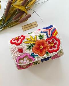 Women's Vintage Beaded Floral Envelope Clutch <b>Handbag</b> With <b>Gold</b> Chain Strap - Product Image 3