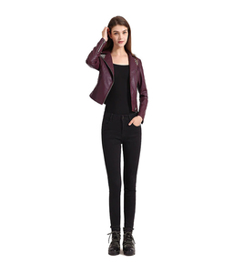 Women's Purple PU Leather Moto Jacket Full Sleeve Turn Down Collar <b>Zipper</b> Closure Autumn Style - Product Image 4