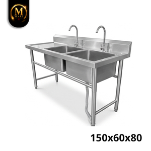 High Grade Double Bowl <b>Sink</b> Left Platform 0.8mm Thickness Stainless Steel Freestanding Commercial Kitchen Wash <b>Drainer</b> Bench - Product Image 4