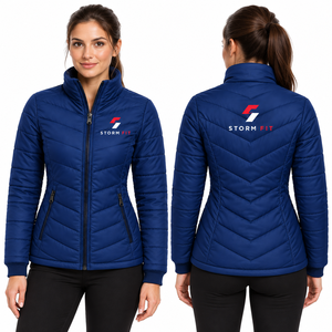 Veste d'hiver matelassée pour femme, manches longues, col montant, fermeture éclair, manteau coupe-vent bleu avec doublure en nylon et broderie - Product Image 1
