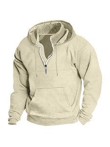Men's Quarter <b>Zip</b> <b>Hooded</b> Sweatshirt Regular Fit Solid Color Fleece Casual Style Autumn Wear - Product Image 6