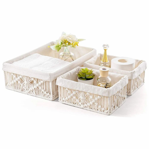 Handmade Cotton Boho Décor Storage <b>Basket</b> Set of 3 with Removable Linen for Home Organization and Decorative Use - Product Image 1