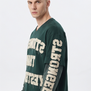 <b>Men's</b> Oversized V-Neck T-<b>Shirt</b> With Embroidered American Street Style Double Layer Long Sleeve Tee <b>Men</b> Embroidery T <b>Shirts</b> <b>Mens</b> - Product Image 3
