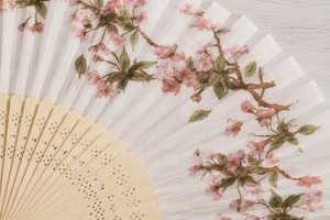 Éventail pliant artisanal en bois naturel avec motif moderne peint en fleurs de cerisier, objet de collection artistique et artisanat décoratif - Product Image 2