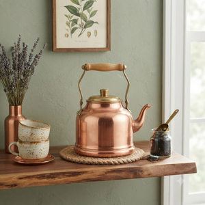 Bouilloire à thé en cuivre pur au design classique et épuré, compatible avec les plaques de cuisson, avec poignée ergonomique en bois, vente en gros pour articles de cuisine - Product Image 2