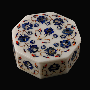 Royal Lapis Lazuli Marble Inlay Polished Eco-Friendly Figurine Jewelry <b>Box</b> Handmade Octagonal Hindu Style Pietra Dura <b>Keepsake</b> - Product Image 3