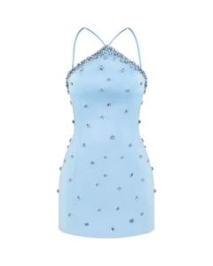 Último modelo de traje de baño de una pieza para mujer, azul claro, con pedrería y cuentas, estilo bodycon, con cuello halter y sin mangas, con aberturas, liso, ropa de playa - Product Image 1