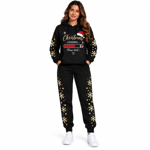 Ensemble de survêtement de Noël pour femmes, sweat-shirt à capuche et pantalon de jogging, imprimé flocon de neige noir et or, tenue décontractée d'hiver, ensemble deux pièces - Product Image 1
