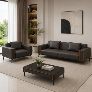 INTELLIGENTIA WOODS - Juego de Sofás de Cuero Negro de Lujo Moderno con Sillón de Diseño y Mesa de Centro de Madera |   Muebles de Primera Calidad para Sala de Estar - Product Image 1