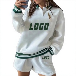 Women <b>2</b> <b>Piece</b> Shorts <b>Set</b> <b>White</b> Green Logo Print Sailor Collar Fleece Sporty Loose Fit Spring Summer Casual Wear - Product Image 3