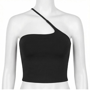 Top Corto Sin Costuras de Un Solo Hombro, Negro Sólido, Asimétrico, Ropa de Yoga, Ropa Deportiva para Mujer - Product Image 1