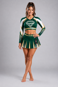 Custom Cheerleading Uniform Set <b>Green</b> Gold Sublimated <b>Long</b> <b>Sleeve</b> <b>Crop</b> <b>Top</b> Pleated Skirt All Star Team Apparel Manufacturer OEM - Product Image 5