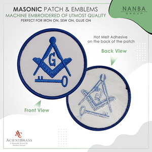 Patch brodé maçonnique avec équerre et compas, symbole clé, bleu et blanc, diamètre 3 pouces - Product Image 2