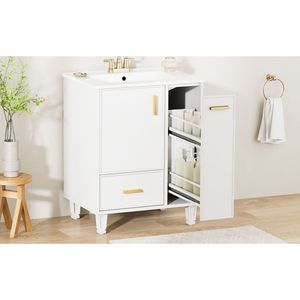Mobile Bagno in Legno Massello da 24 Pollici con Struttura in MDF, Lavabo, Ripiano, Cassetto Profondo e Cesto Estraibile a 2 Livelli - Armadietto Bagno di Qualità - Product Image 3