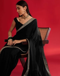 KV Women <b>Satin</b> Black Embellished Saree with Unstitched <b>Blouse</b> - Product Image 4