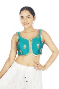 Haut court bohème turquoise à col en V avec imprimé floral, broderie de sequins et impression métallisée pour femme, idéal pour les mariages - Product Image 2