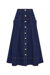 High Waisted A-Line Denim Midi Skirt Women Solid Dark Wash Button Front Casual Style - Product Image 1