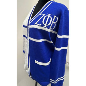 เสื้อคาร์ดิแกนคอวี Zeta Phi Beta Sorority สำหรับผู้หญิง สีน้ำเงินขาว ลายตัวอักษรกรีก สไตล์วินเทจ ถักนิตติ้ง แขนยาว ความยาวปกติ - Product Image 3