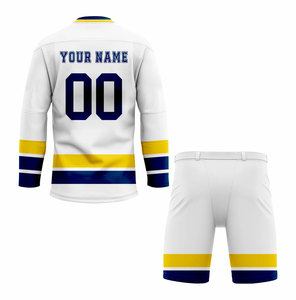 Ensemble Maillot et Pantalon de Hockey sur Glace Personnalisé pour Homme – Rayures Blanches, Jaunes et Bleues – Sublimé, Respirant, Manches Longues, Col en V – Équipe 9 - Product Image 2
