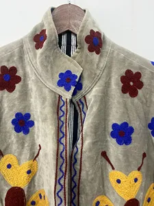 Luxury Boho <b>Velvet</b> Cotton Breathable <b>Jacket</b> for <b>Women</b> with Butterfly Embroidery Floral Pattern Stand Collar Full Sleeves Winter - Product Image 3