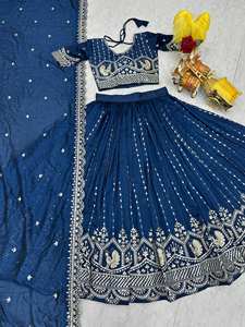 LAHENGA CHOLI DUPATTA para Fiesta, de Seda Pura Vichitra con Bordado de Hilo y Lentejuelas, Largo hasta el Suelo, Corte Regular - Product Image 6
