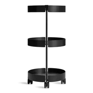 Chariot utilitaire moderne en métal rond avec trois étagères et roulettes, design minimaliste, finition noire - Product Image 2