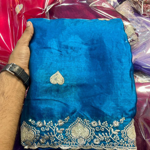 Elegante Saree de Seda Suave Azul Pavo Real con Bordado Zardosi Plateado |   Sari indio para mujer, ropa étnica para bodas y fiestas - Product Image 1