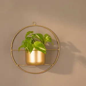 Gold Metal Circular Wall <b>Hanging</b> <b>Planter</b> with Round Frame | Modern Decorative Flower Pot Holder <b>for</b> <b>Indoor</b> Living Room Office - Product Image 5