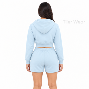 Conjunto de Sudadera con Capucha y Pantalones Cortos Azul Claro para Mujer, 2 Piezas, Traje Deportivo de Felpa con Cordón Ajustable, Transpirable, en Venta - Product Image 4
