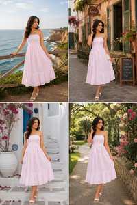 Women Light Pink Strapless Summer <b>Dress</b> Shoulder Smocked Midi Sundress Casual Beach <b>Ruffle</b> Holiday Striped Bohemian 100% Cotton - Product Image 4