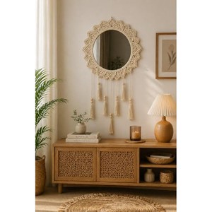 Espejo de Pared Rectangular Bohemio de Madera de Acacia Aqdus Saleem, Diseño Sunburst, Ecológico, Hecho a Mano con Macramé, Venta al Por Mayor - Product Image 5