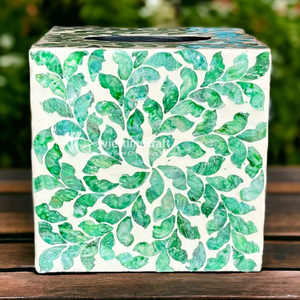 Boîte à mouchoirs incrustée de mosaïque, porte-mouchoirs carré incrusté de nacre, décoration de luxe à motif de feuilles vertes pour la maison et l'hôtel - Product Image 4