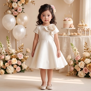 Vestido de Niña para Damas de Honor Veloura, Lujoso, Color Marfil, Satinado, con Flores 3D, Estilo Princesa, para Cumpleaños, Boda, Primera Comunión, TUTUPETTi - Product Image 4