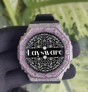 Luxury Iced Out VVS Moissanite Diamond <b>Watch</b> Pink Gemstone Bezel <b>Black</b> Rubber Strap Analog Digital Hip Hop Unisex <b>Watch</b> - Product Image 1