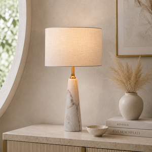 Luxury <b>Marble</b> <b>Table</b> Lamp With Sleek Tapered Silhouette Elegant Drum Shade And Sophisticated Modern Interior Appeal - Product Image 1