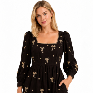 Robe midi noire pour femme avec nœud et broderie en forme de cœur, col carré, manches bouffantes, robe trapèze avec poches - Product Image 5